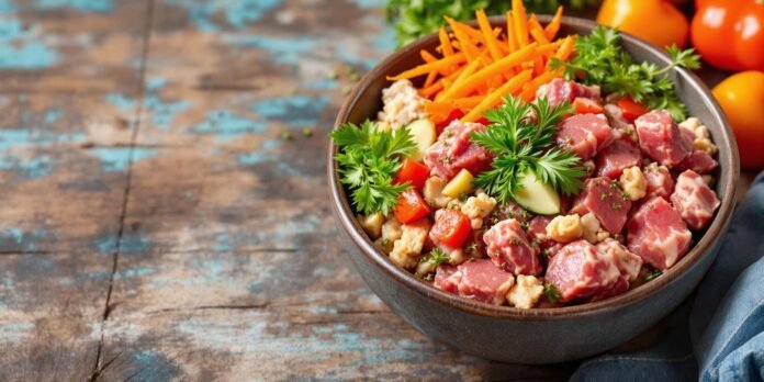 Bowl of fresh raw dog food ingredients on wooden table.