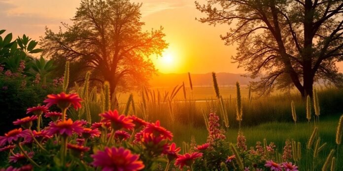 Peaceful sunrise over flowers and greenery in nature.