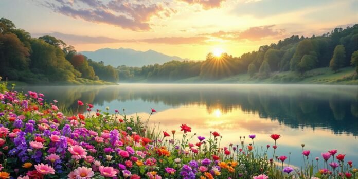 Peaceful dawn landscape with vibrant flowers and tranquil lake.