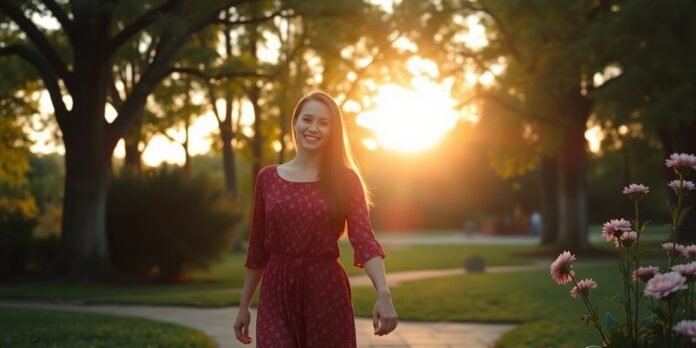 Couple holding hands in a romantic park at sunset.