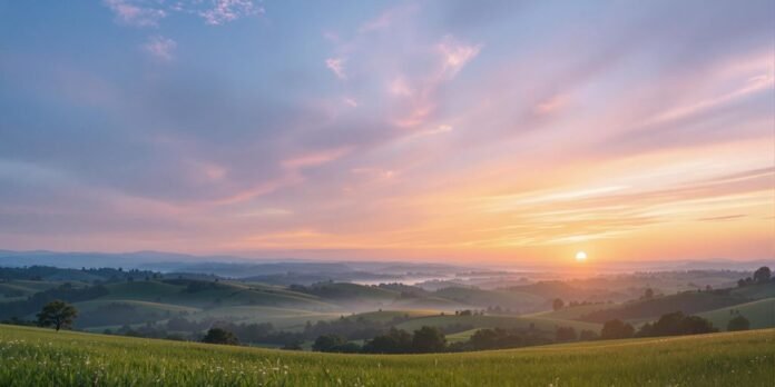 Peaceful sunrise over a tranquil landscape for mental health.