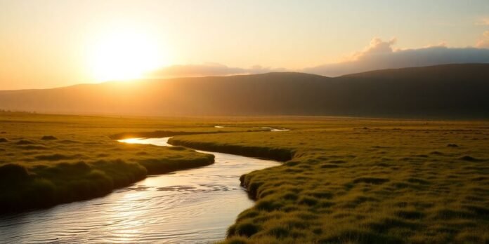 Serene landscape with a sunrise and calm river.