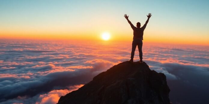 Person on mountain peak with arms raised at sunrise.