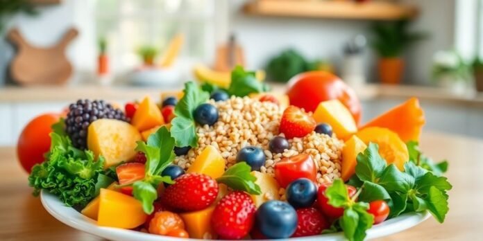 Colorful fruits and vegetables on a plate in a kitchen.