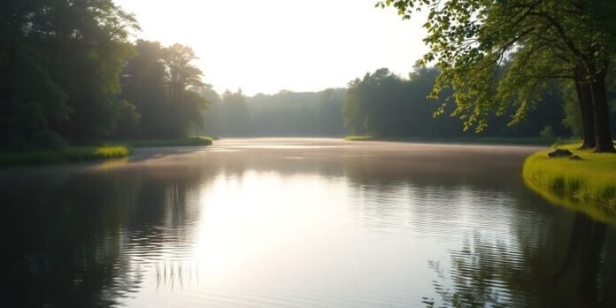 A calm lake in a green forest setting.