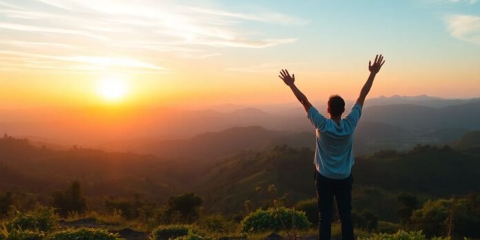 Person celebrating sunrise, representing confidence and self-improvement.