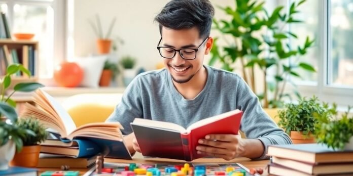 Person reading and solving puzzles outdoors for cognitive health.