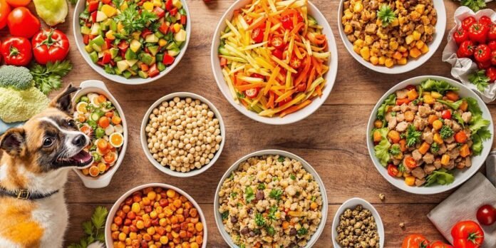 A dog looking at colorful cooked food dishes.