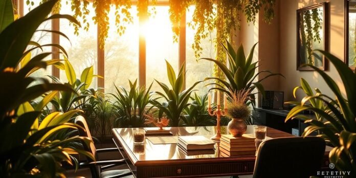 Elegant workspace with greenery and warm golden light.