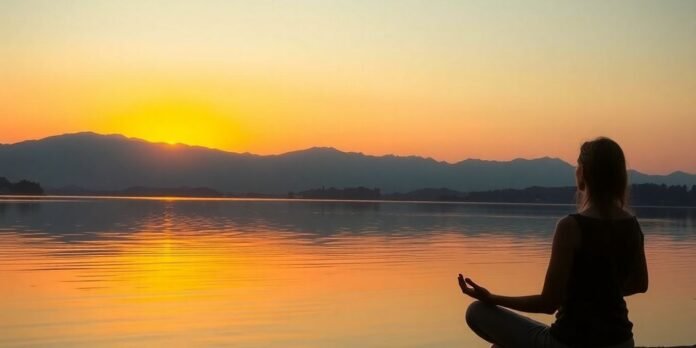 Person meditating by a tranquil lake at sunrise.