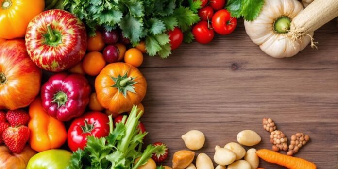 Fresh fruits and vegetables on a wooden table.