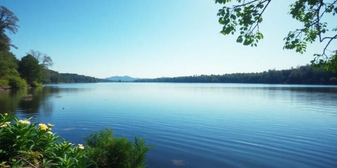 Calm lake surrounded by greenery, promoting wellness and recovery.