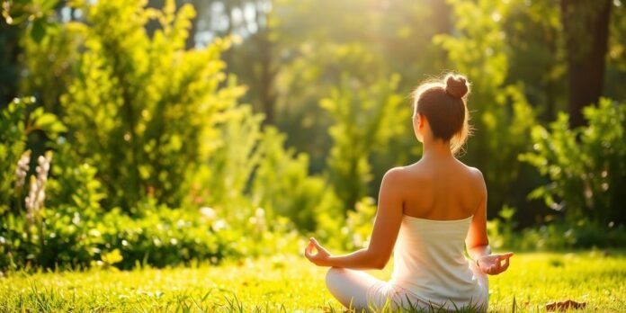 Person meditating in nature, surrounded by sunlight and greenery.