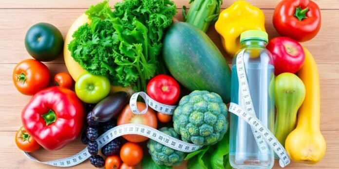 Fresh fruits and vegetables with a water bottle and tape.