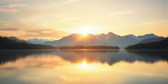 Sunrise over mountains with reflection in a calm lake.