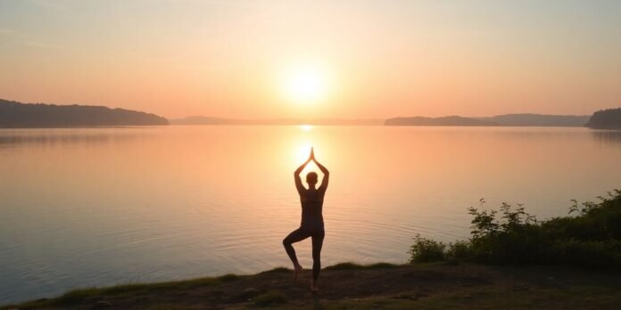 Person practicing yoga by a tranquil lake at sunrise.