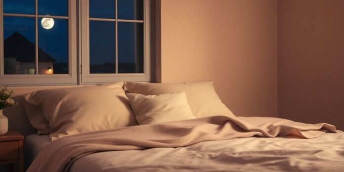 Cozy bedroom with soft lighting and calming decor.