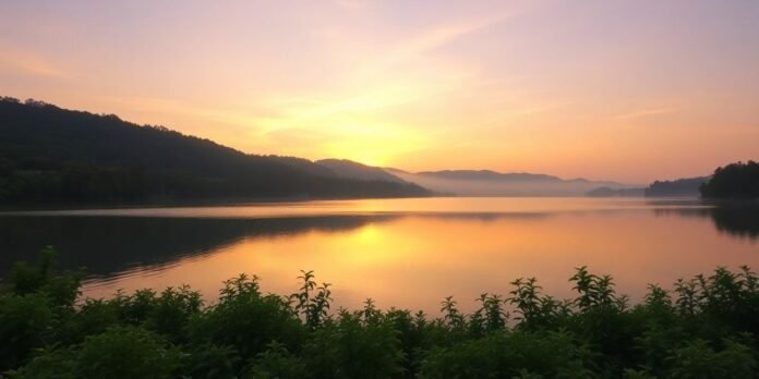 A peaceful sunrise over a tranquil lake and greenery.