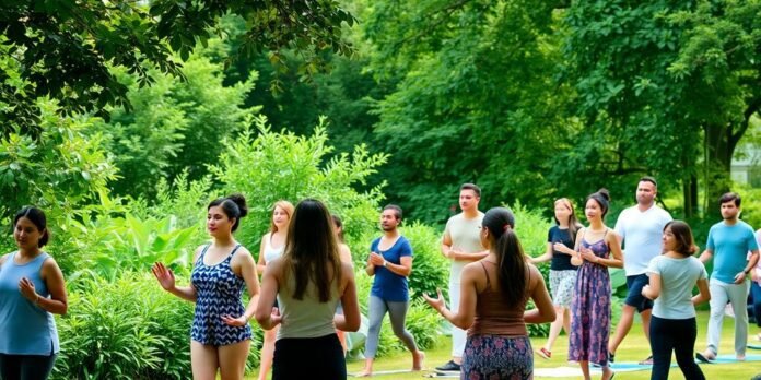 Diverse people practicing yoga and meditation in nature.