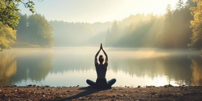 Person doing yoga by a tranquil lake.