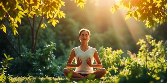 Person meditating in nature, surrounded by greenery and sunlight.