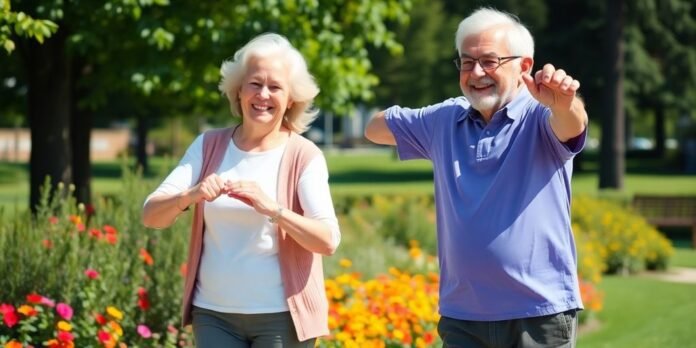 Elderly couple exercising outdoors in a sunny park.