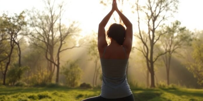 Person practicing yoga in a tranquil outdoor setting.