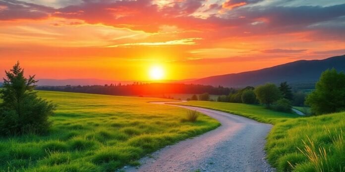 Peaceful sunrise over a path in nature.