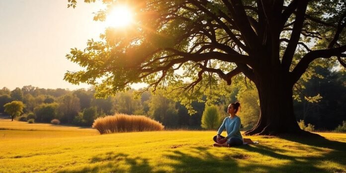 Person meditating in a peaceful, vibrant natural setting.