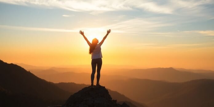 Person on mountain peak, celebrating self-esteem and empowerment.