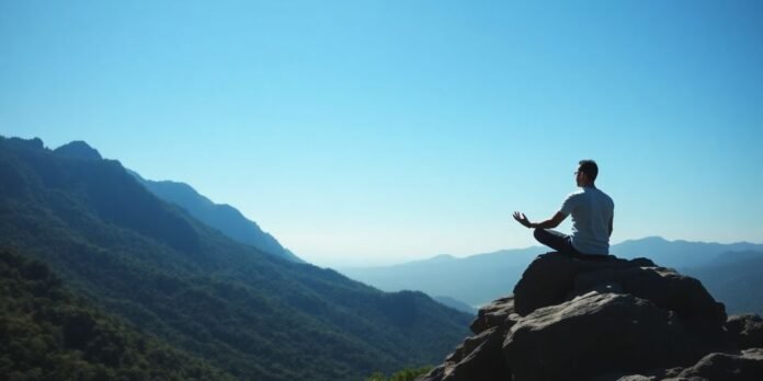 Person meditating on a mountain surrounded by nature.