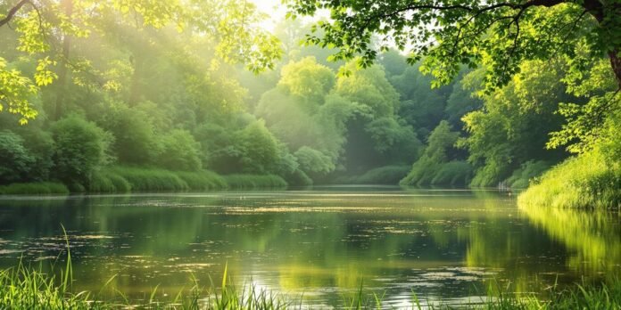 Tranquil lake with greenery and soft sunlight.