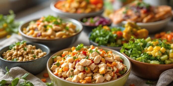 Colorful low-carb cat food in appealing bowls.