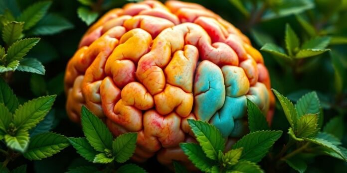 Close-up of a colorful human brain with greenery.