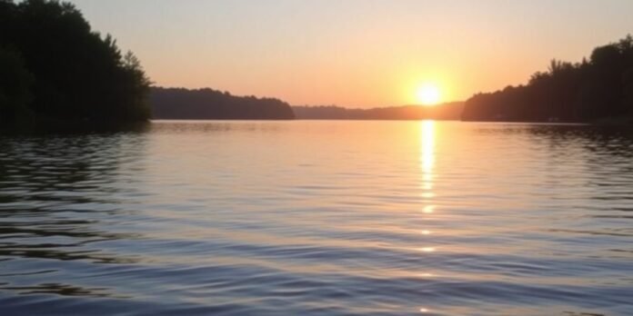 Tranquil sunrise over a calm lake with lush greenery.