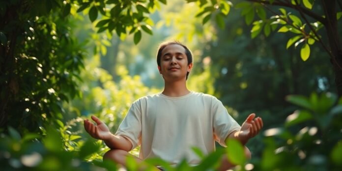 Person meditating in nature with coins and notes nearby.