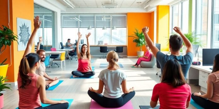 Employees participating in wellness activities in an office.