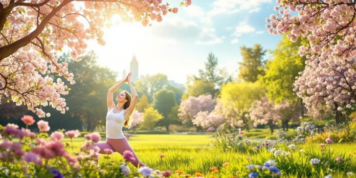 Person doing yoga in a sunny, flower-filled park.