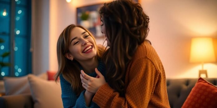 Two people sharing a joyful moment in a cozy setting.