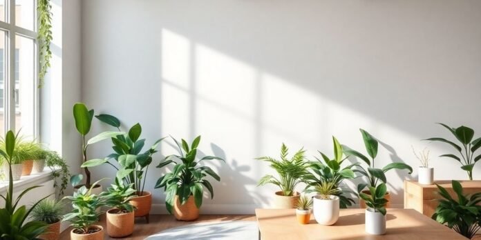 A peaceful workspace with plants and calming colors.