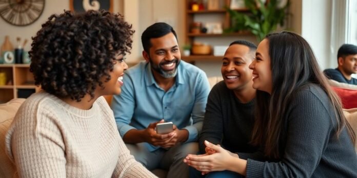 Diverse individuals smiling and conversing in a cozy setting.