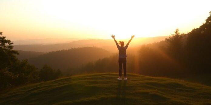 Person celebrating recovery at sunrise on a hill.