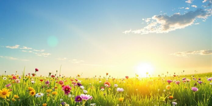 A peaceful meadow with a sunrise and vibrant flowers.