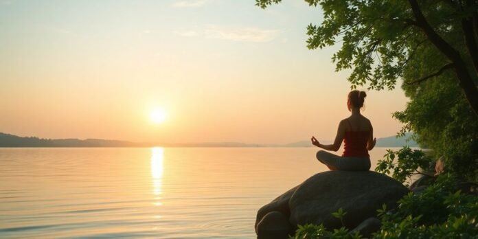 Person meditating by calm waters at sunrise.