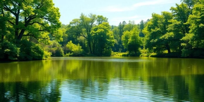 Tranquil lake scene with greenery and soft sunlight.