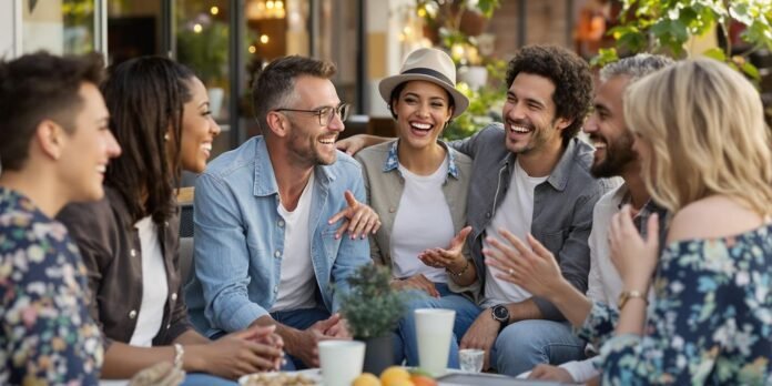 Group of friends enjoying a lively outdoor conversation.