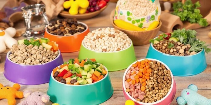 Five bowls of healthy dog food recipes on a table.