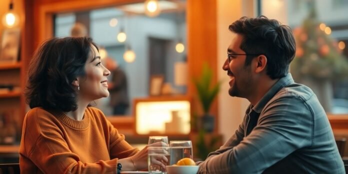 Couple talking at a café, expressing connection and warmth.