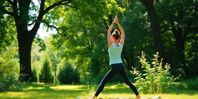 Person practicing yoga in a peaceful natural setting.