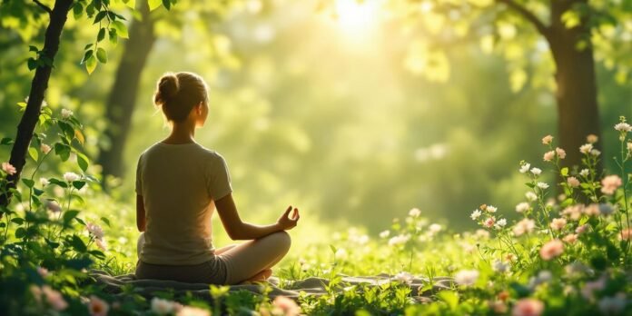 Person meditating in nature surrounded by greenery and sunlight.